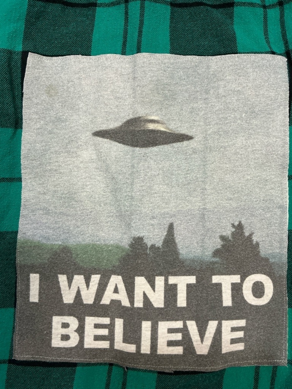 Alien UFO Spaceship Flannel Upcycled Tee Shirt Top - Picture 2 of 9